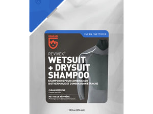 Revivex Wetsuit and Drysuit Shampoo extends life of neoprene gear. Removes residues, particles and salt without damaging it. 2-in-1 formula cleans and conditions, preventing premature aging. Use one 10 fl oz pouch for 10 wash treatments. Safe for wetsuits, drysuits, triathlon suits, life jackets, fishing waders, booties, and gloves.