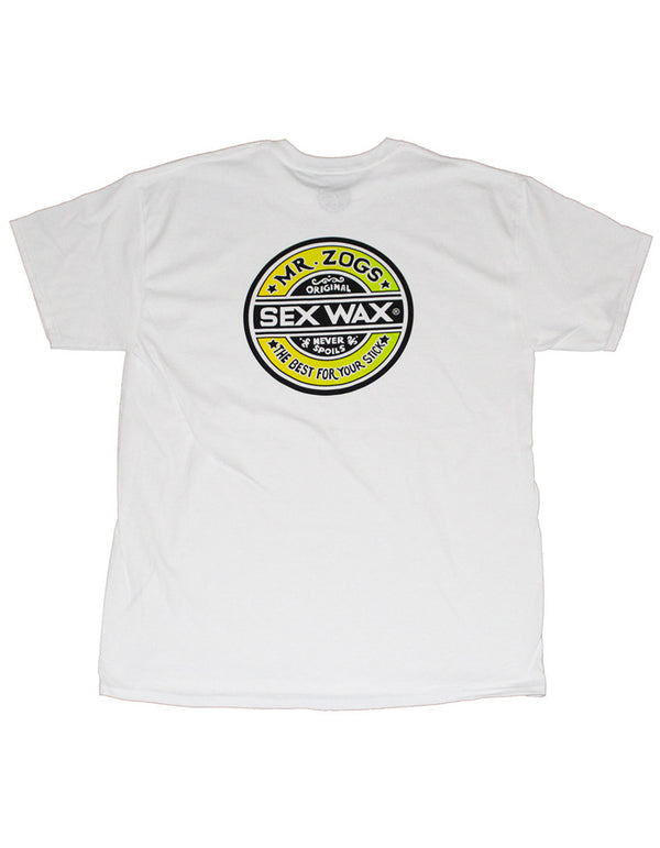 MR. ZOGS SEX WAX GREEN/YELLOW LOGO WHITE TEE SHIRT - surferswarehouse