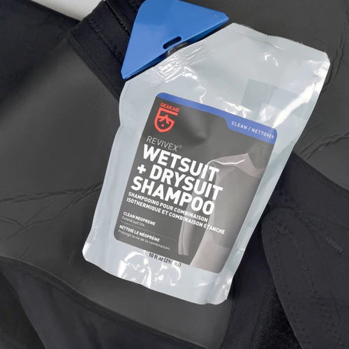 Revivex Wetsuit and Drysuit Shampoo extends life of neoprene gear. Removes residues, particles and salt without damaging it. 2-in-1 formula cleans and conditions, preventing premature aging. Use one 10 fl oz pouch for 10 wash treatments. Safe for wetsuits, drysuits, triathlon suits, life jackets, fishing waders, booties, and gloves.