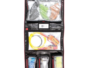 Black hanging organizer with various items including a flashlight, rope, and tools on a white background. Ocean and Earth surf locker  Ocean and Earth  3 FOLD SURF LOCKER Surfboard Bag surferswarehouse.myshopify.com
