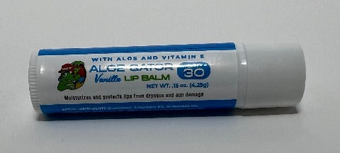 ALOE GATOR LIP BALM SPF 30 Moisturizes and the beach or any regular ol' day in between. Alprotects lips from dryness and sun damage - with a great taste! Great for surfing, a day at so the perfect stocking stuffer for the surfer in your life! PAee With Aloe & Vitamin BA Fre