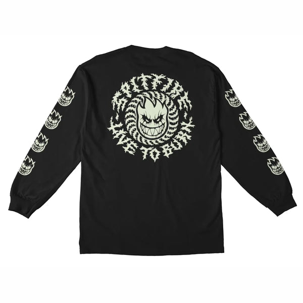 Spitfire Deathmask Classic Long Sleeve Skate T-Shirt - Black/Glow Print - Surfers Warehouse