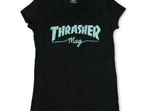 Thrasher Magazine MAG LOGO V-NECK Skateboard *GIRLS FIT* T Shirt BLACK