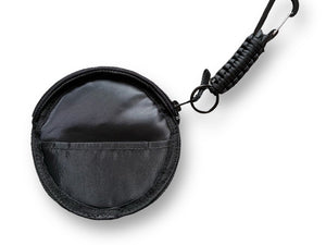 Black keychain pouch with carabiner on a white background Blue Wave surf wax bag surfboard wax bag surferswarehouse.myshopify.com