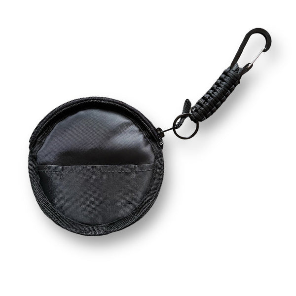 Black keychain pouch with carabiner on a white background Blue Wave surf wax bag surfboard wax bag surferswarehouse.myshopify.com