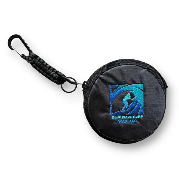 Black wax bag with carabiner and Blue Wave Surf logo on a white background Blue Wave surf wax bag surfboard wax bag surferswarehouse.myshopify.com