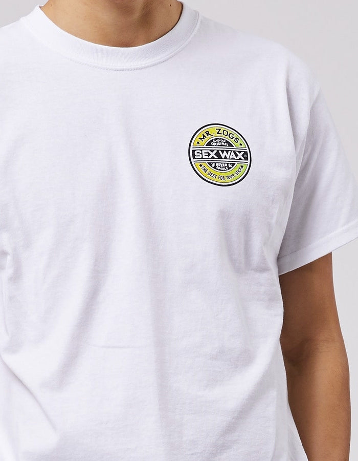 MR. ZOGS SEX WAX GREEN YELLOW LOGO WHITE TEE SHIRT surferswarehouse