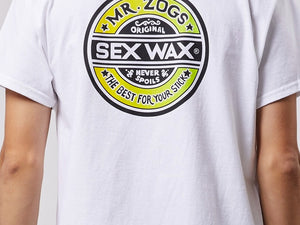 MR. ZOGS SEX WAX GREEN/YELLOW LOGO WHITE TEE SHIRT - surferswarehouse